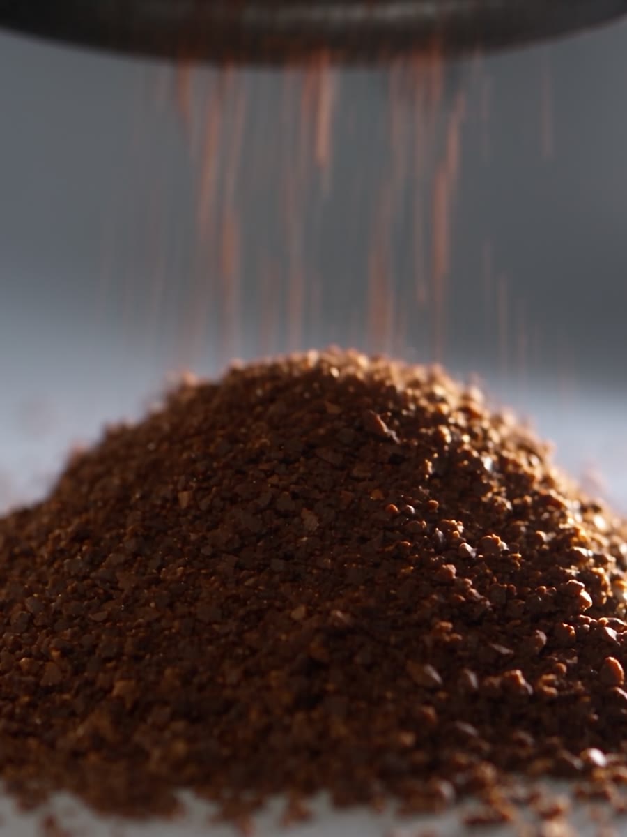 Café recém-moído caindo do moedor e formando um monte sobre superfície clara.