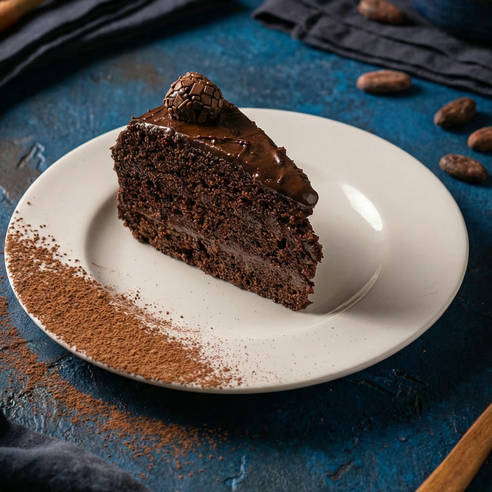 Fatia do Bolo Matilda com camadas de ganache meio amargo e brigadeiro no topo.